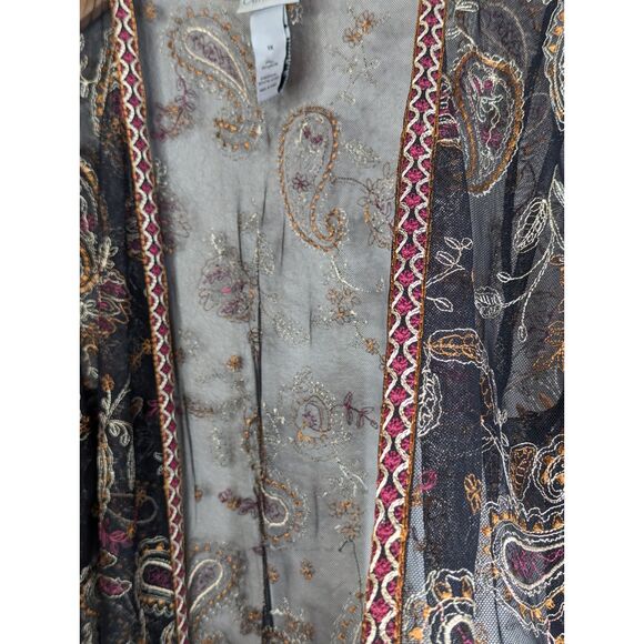 Catherines Plus Size Boho Sheer Open Front Top Size 1X Embroidery Black Paisley - Picture 4 of 12
